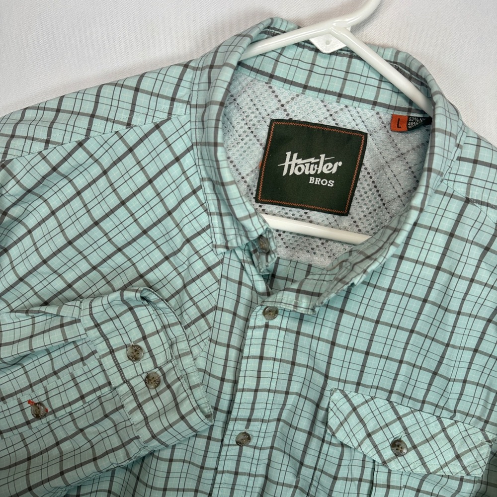 Howler Bros Matagorda Fishing Shirt  Mens Large Blue Plaid Vented Long Sleeve